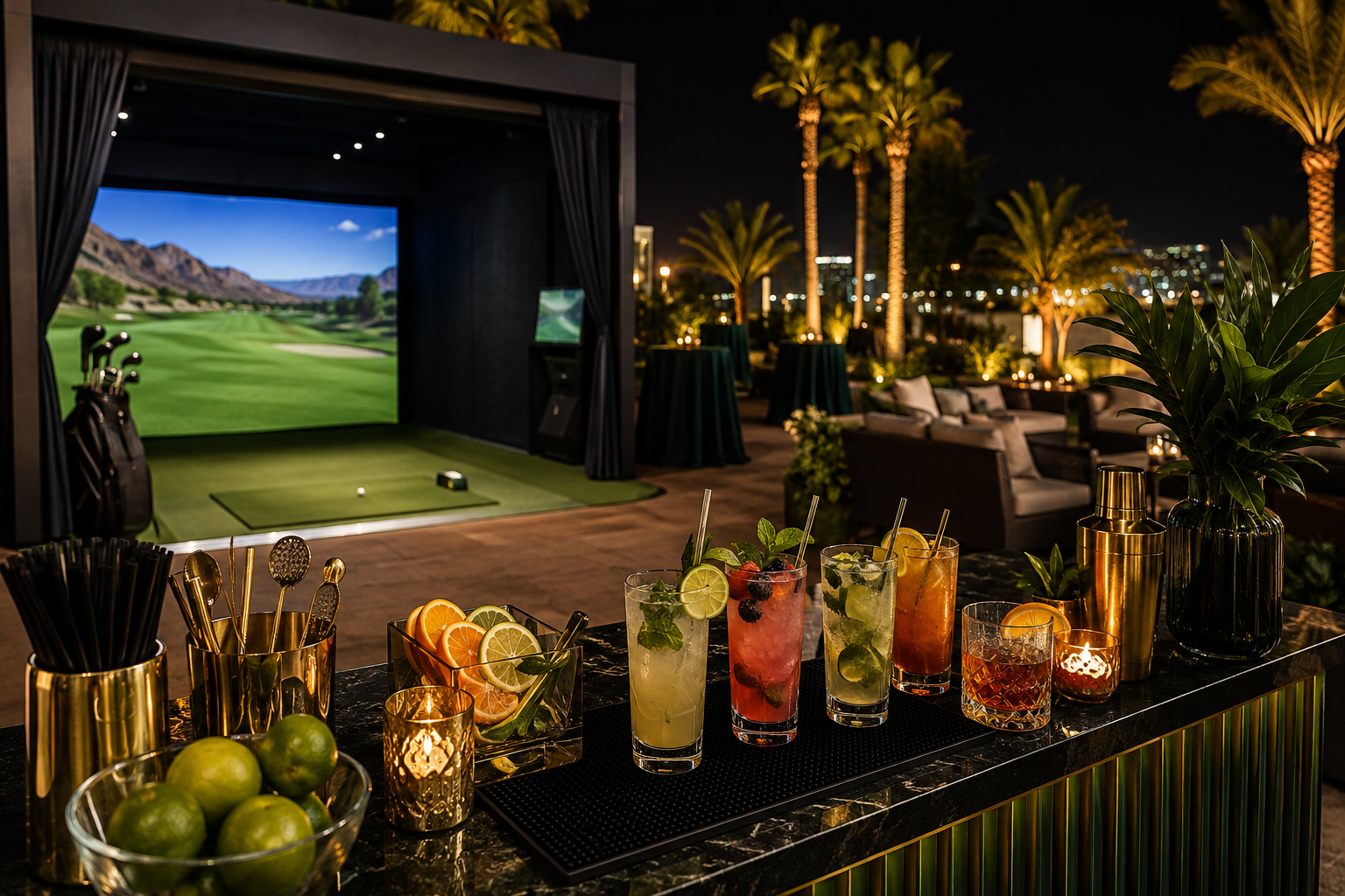 Mobile golf simulator and cocktail bar set up for an evening Las Vegas event
